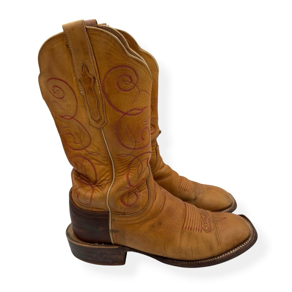 Lucchese Cowgirl Tan Leather Boots Western Square Toe Embroidered Women's 8.5 B